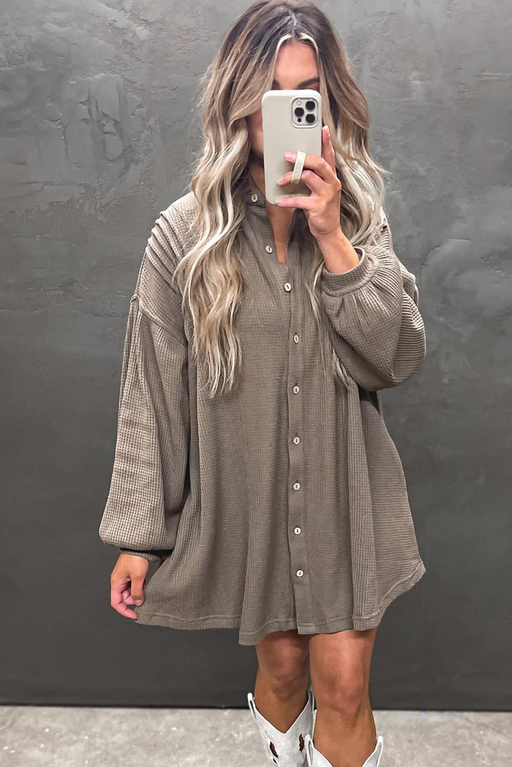 Simply Taupe Waffle Knit Shirt Tunic Mini Dress - Velvet Stardust Co.