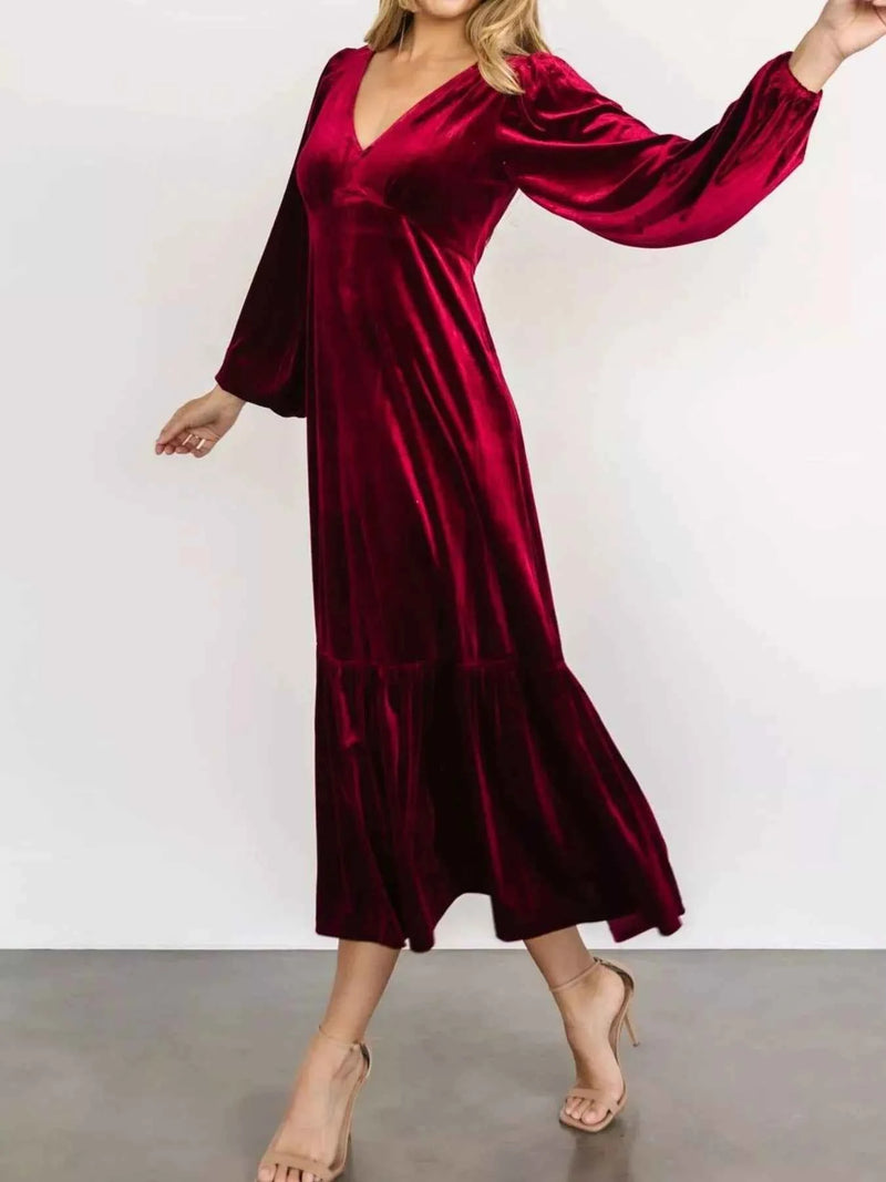 Velvet Tiered Long Sleeve Midi Dress - Velvet Stardust Co.
