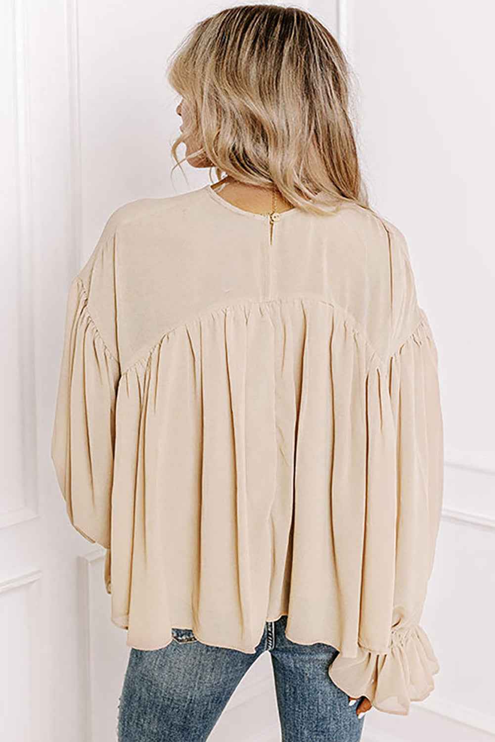 Parchment Pleated Ruffle Long Sleeve Chiffon Blouse - Velvet Stardust Co.