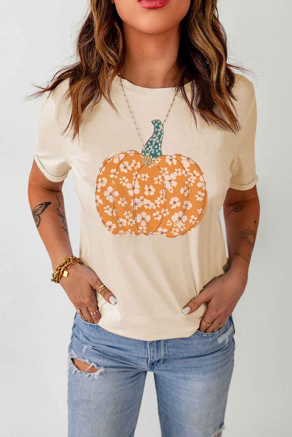 Pumpkin Graphic Round Neck Cuffed T-Shirt - Velvet Stardust Co.