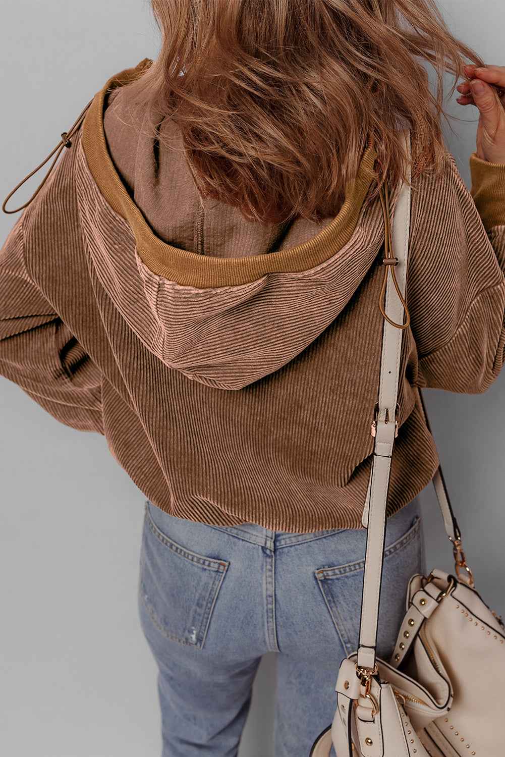 Chestnut Half Zipper Kangaroo Pocket Drawstring Corduroy Hoodie - Velvet Stardust Co.