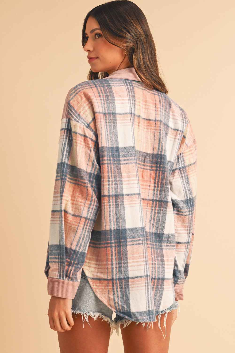 Cinnamon Plaid Corduroy Patchwork Pocket Loose Shacket - Velvet Stardust Co.