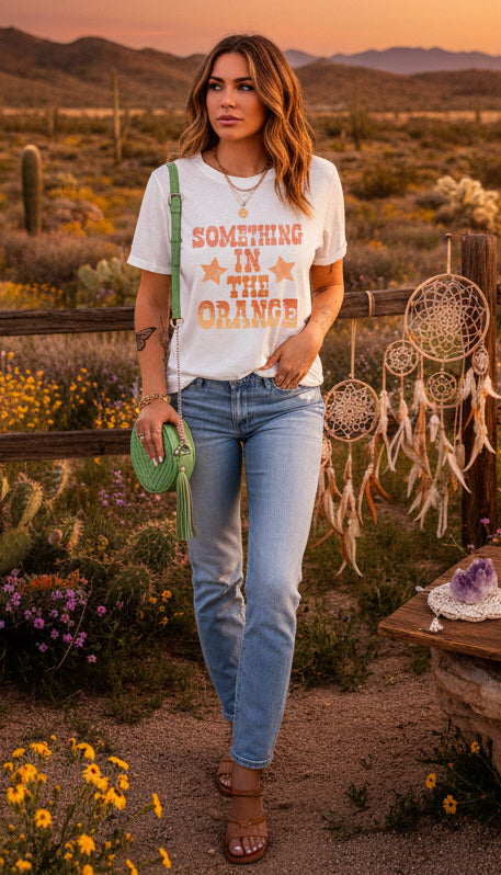 White SOMETHING IN THE ORANGE Graphic Crew Neck T Shirt - Velvet Stardust Co.