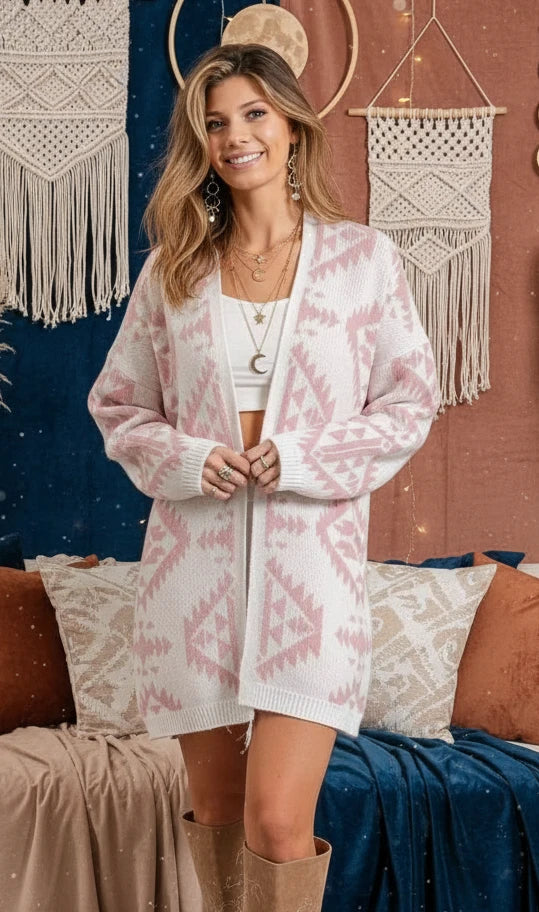 BiBi Aztec Pattern Open Front Cardigan - Velvet Stardust Co.