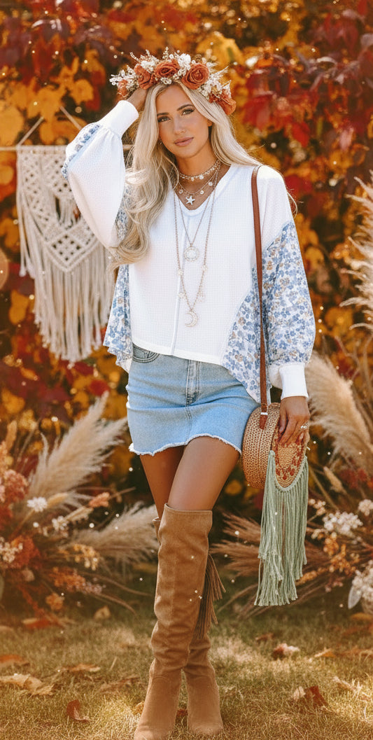 White Abstract Floral Patchwork Batwing Sleeve V Neck Blouse