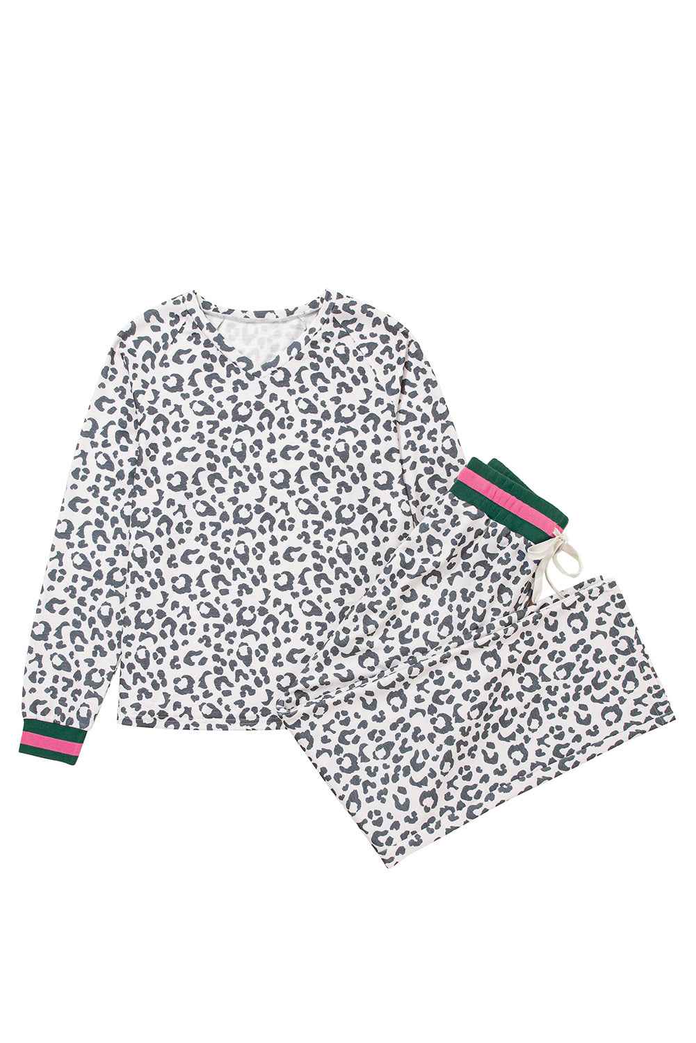 Gray Leopard Contrast Trim Long Sleeve Pullover and Pants Set - Velvet Stardust Co.