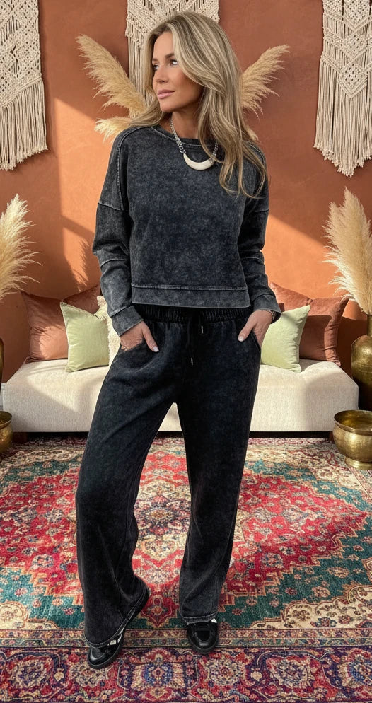 Full Size Washed Round Neck Top and Drawstring Pants Set Plus Size