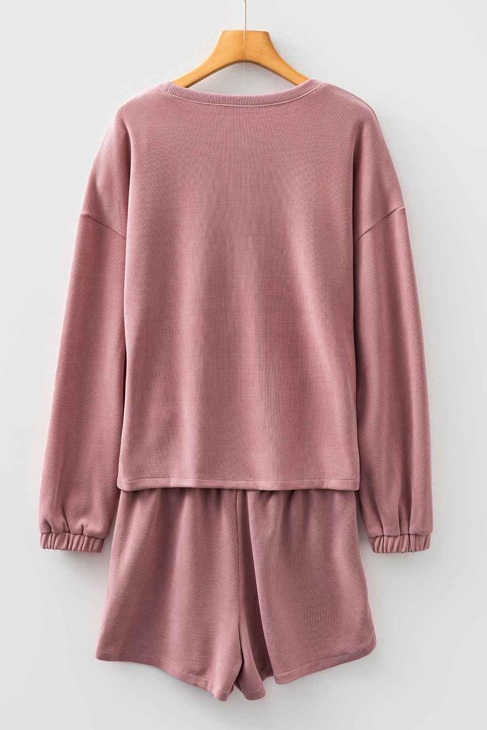 Fushia Textured Knit Drop Shoulder Pullover Drawstring Shorts Set