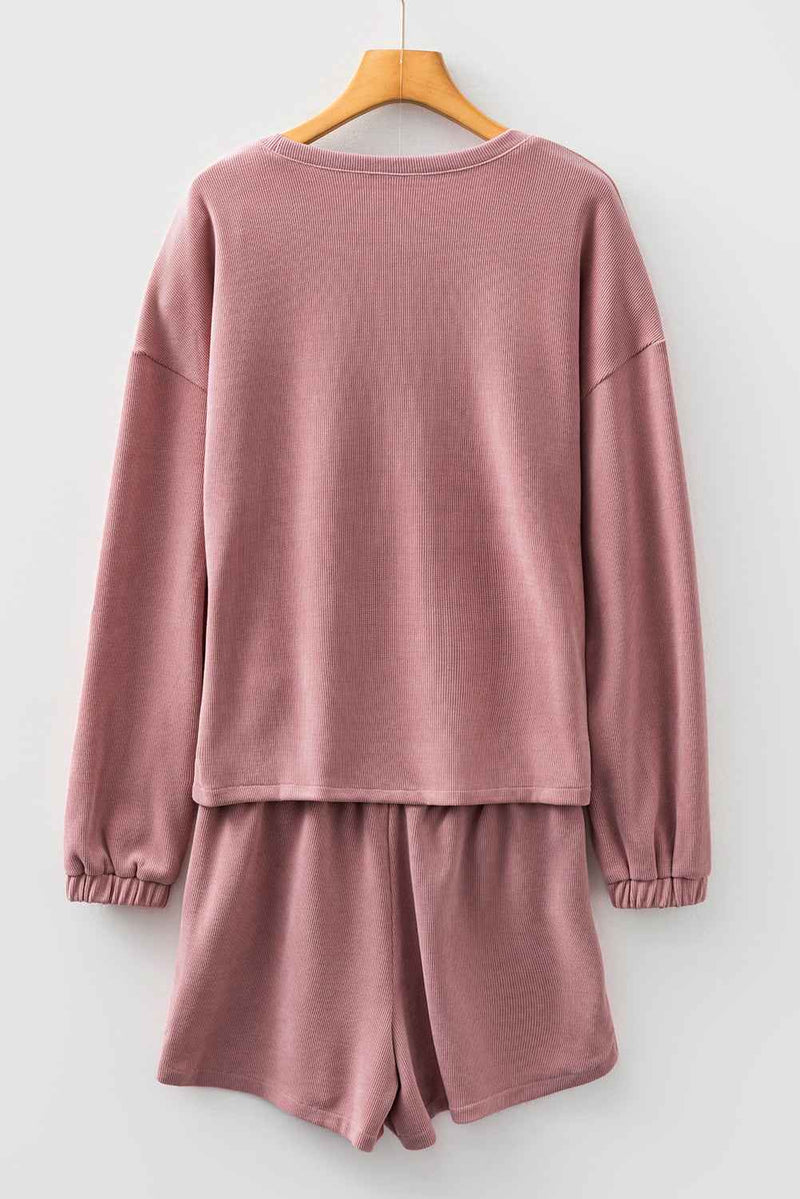 Fushia Textured Knit Drop Shoulder Pullover Drawstring Shorts Set