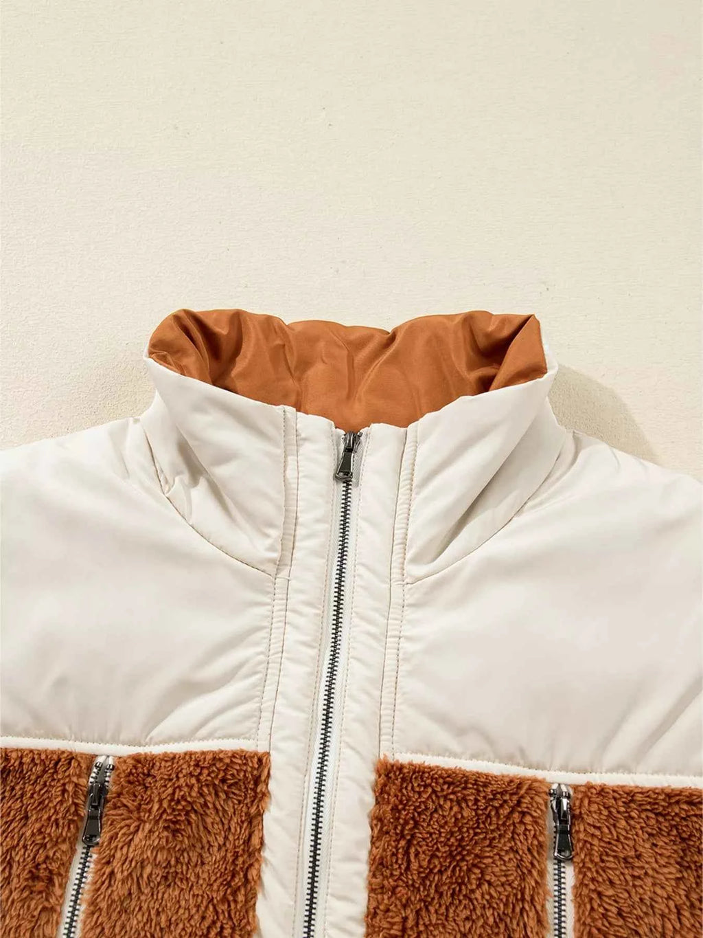Color Block Plush Patchwork Zipper Stand Neck Vest Coat - Velvet Stardust Co.