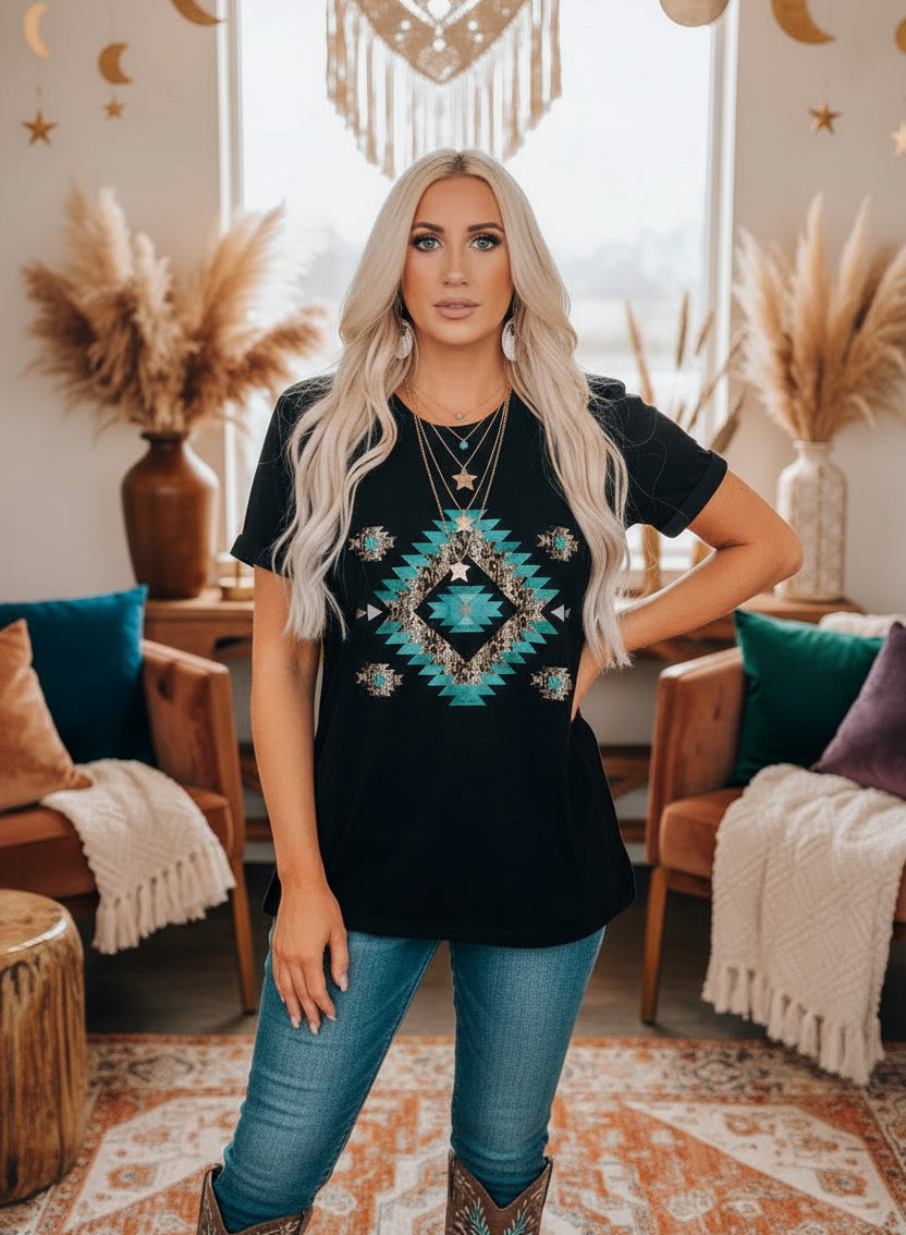 Western Printed Crewneck Graphic Tee - Velvet Stardust Co.