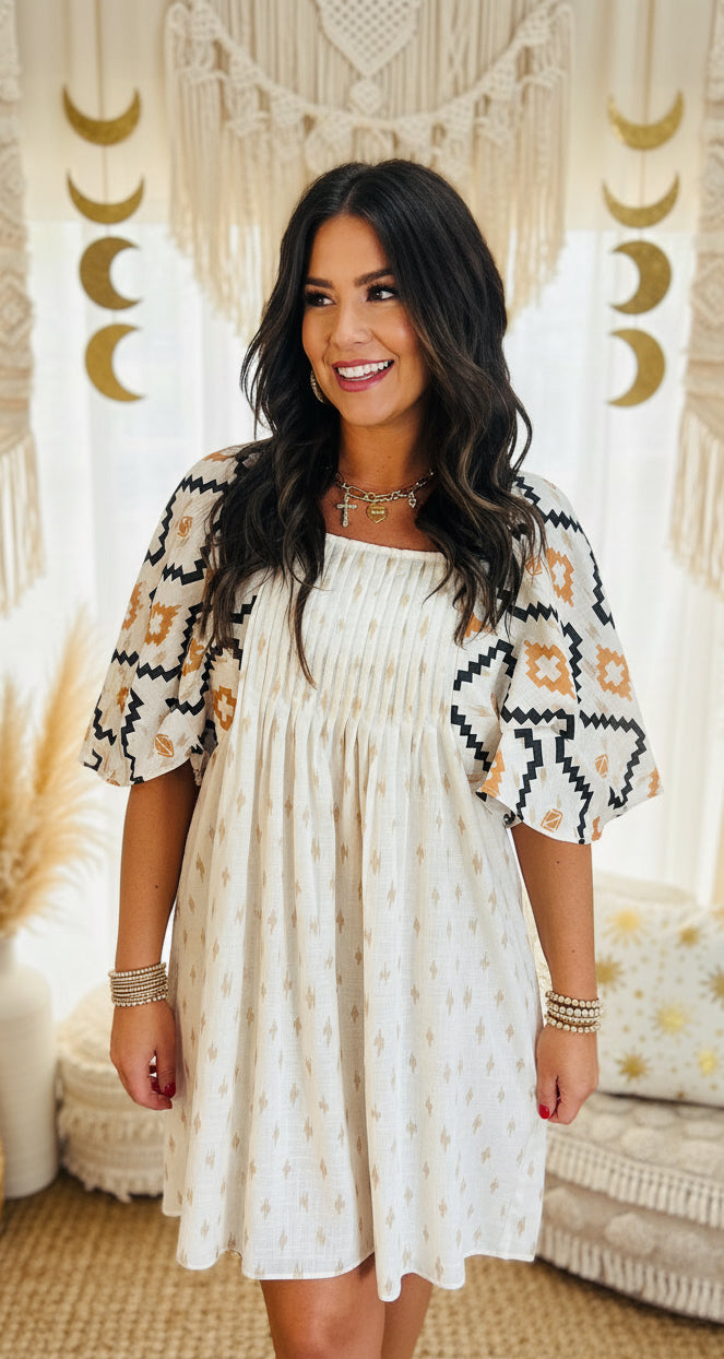 Beige Western Aztec Print Pleated Square Neck Loose Mini Dress - Velvet Stardust Co.