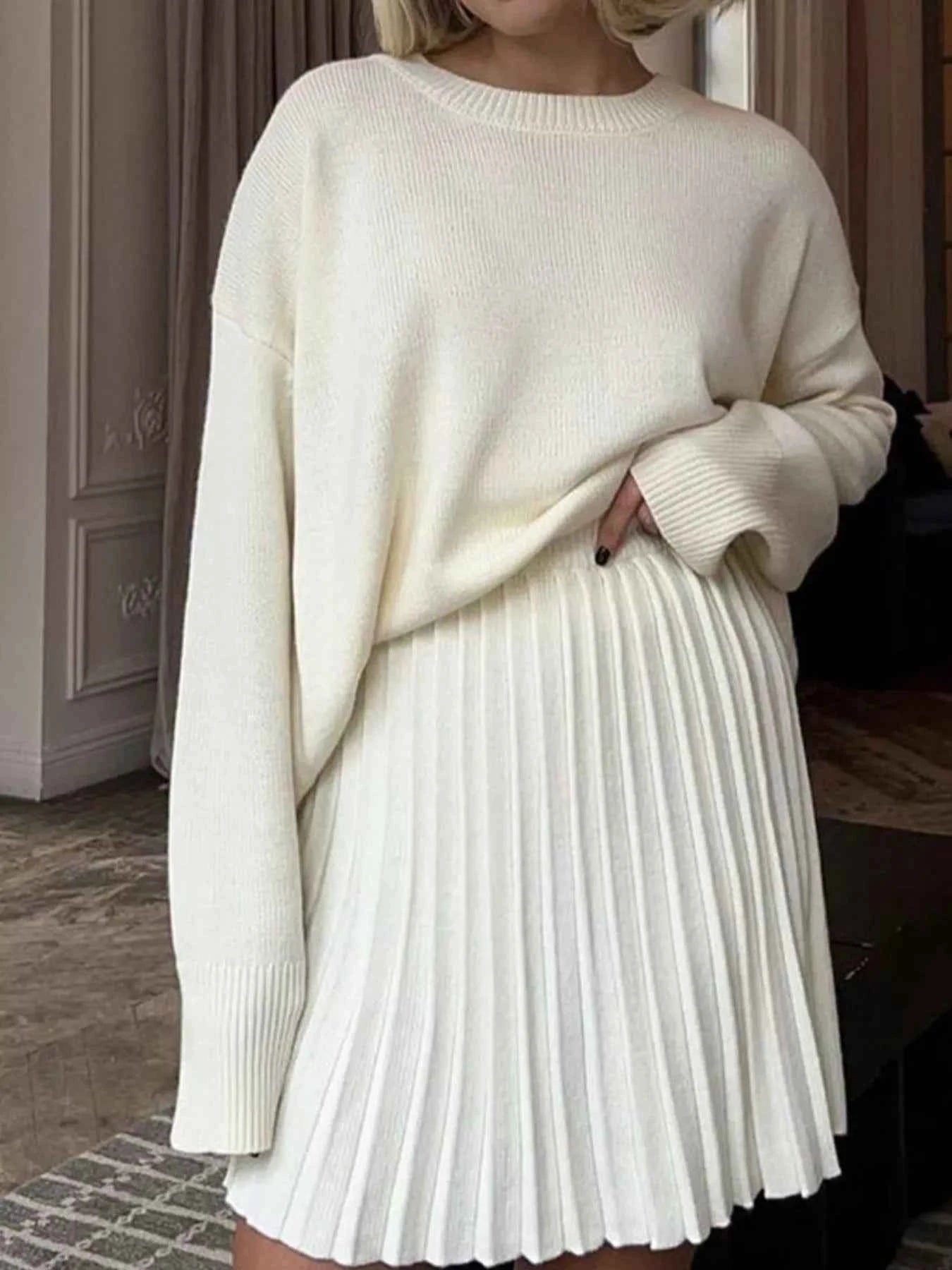 Round Neck Top and Pleated Skirt Sweater Set
