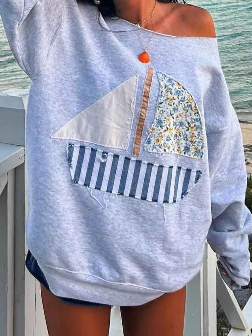 Boat Neck Long Sleeve Patchwork Sweatshirt - Velvet Stardust Co.