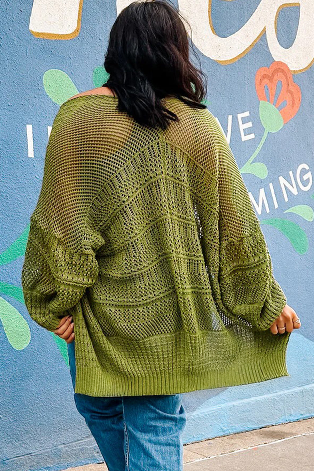 Spinach Green Oversize Crochet Knit Open Cardigan - Velvet Stardust Co.