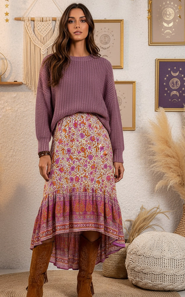 Purple Boho Floral Print Skirt - Velvet Stardust Co.