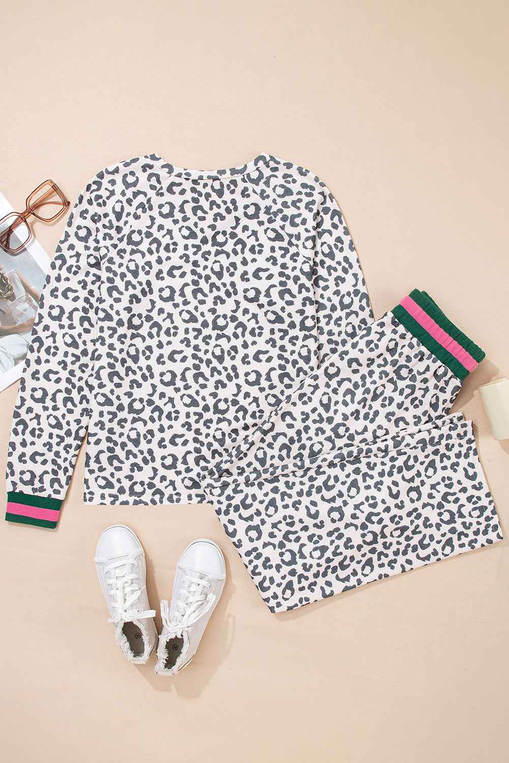 Gray Leopard Contrast Trim Long Sleeve Pullover and Pants Set - Velvet Stardust Co.