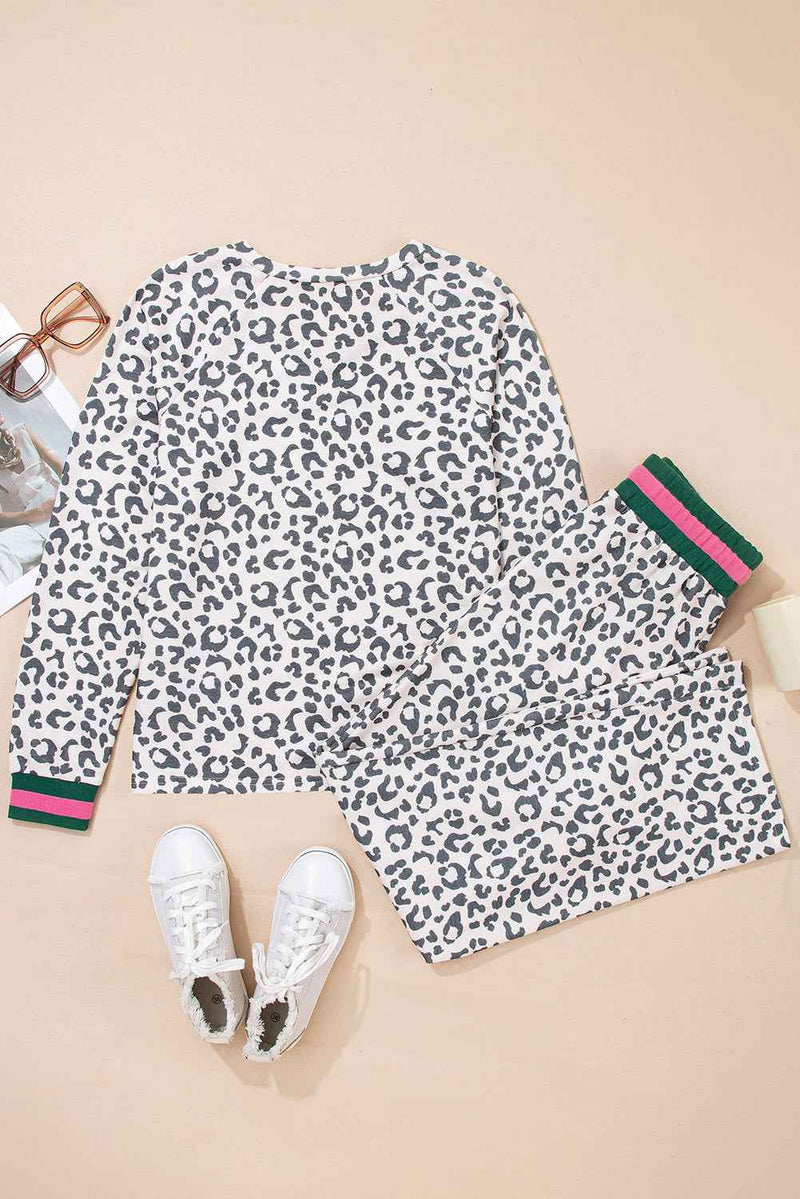 Gray Leopard Contrast Trim Long Sleeve Pullover and Pants Set