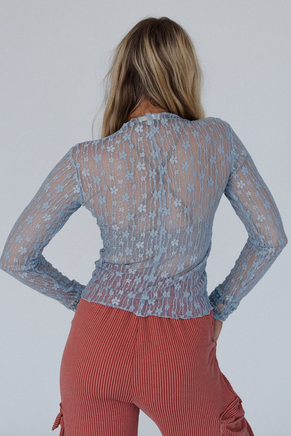 Ashleigh Blue Sheer Floral Lace Long Sleeve Slim Fit Top - Velvet Stardust Co.
