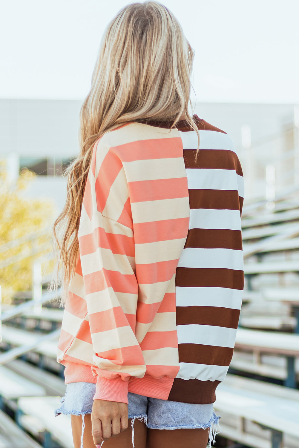 Brown Stripe Color Block Drop Shoulder Pullover Sweatshirt - Velvet Stardust Co.