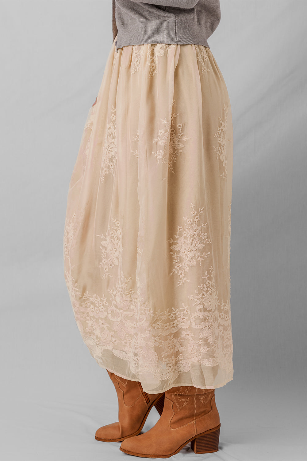 Oatmeal Embroidered Mesh Overlay Flowy Long Skirt - Velvet Stardust Co.