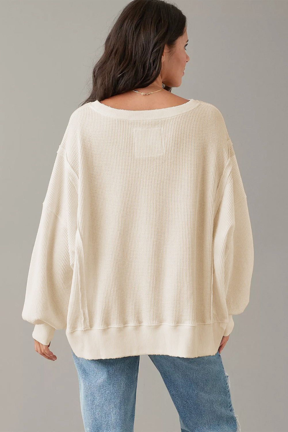 White Waffle knit Bishop Sleeve Split Oversized Top - Velvet Stardust Co.