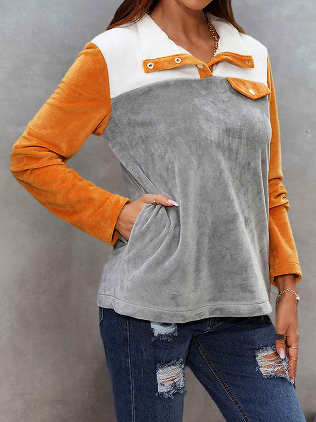 Shiny Color Block Collared Sweatshirt with Pockets - Velvet Stardust Co.