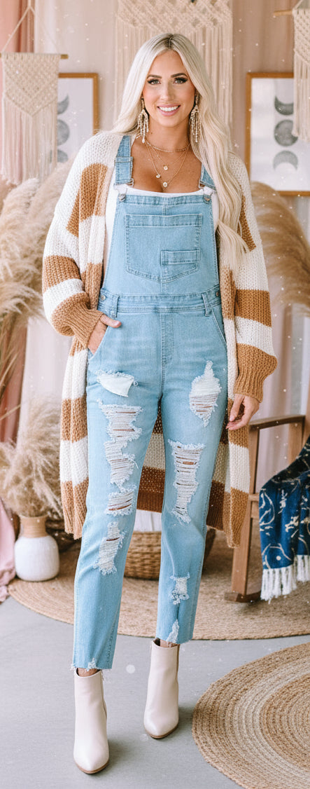Sky Blue Constructed Bib Pocket Distressed Denim Overalls - Velvet Stardust Co.
