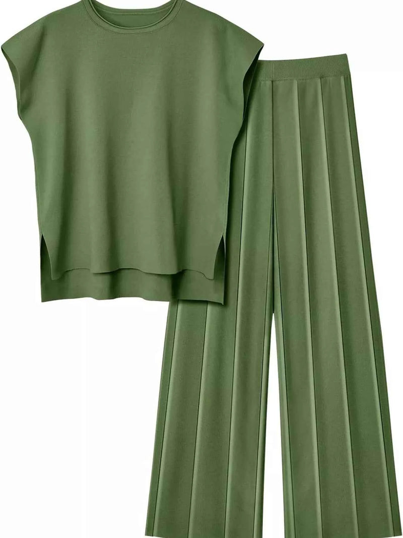 Casual Solid Color Cap Sleeve Top and Pants Knit Set