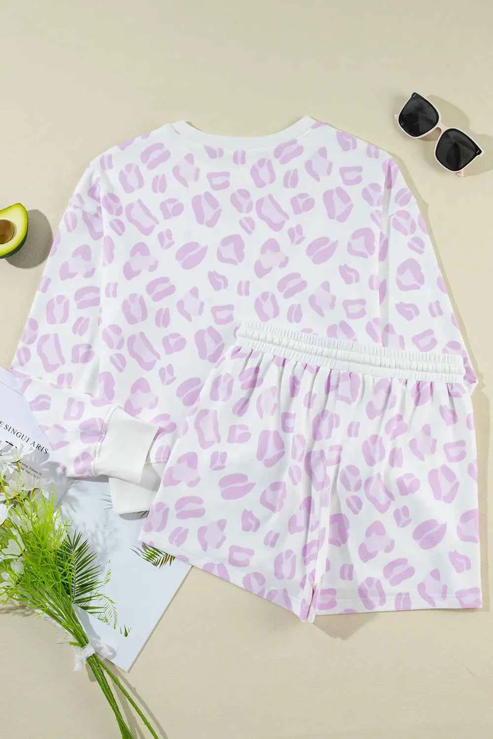 Leopard Long Sleeve Top and Drawstring Shorts Lounge Set - Velvet Stardust Co.