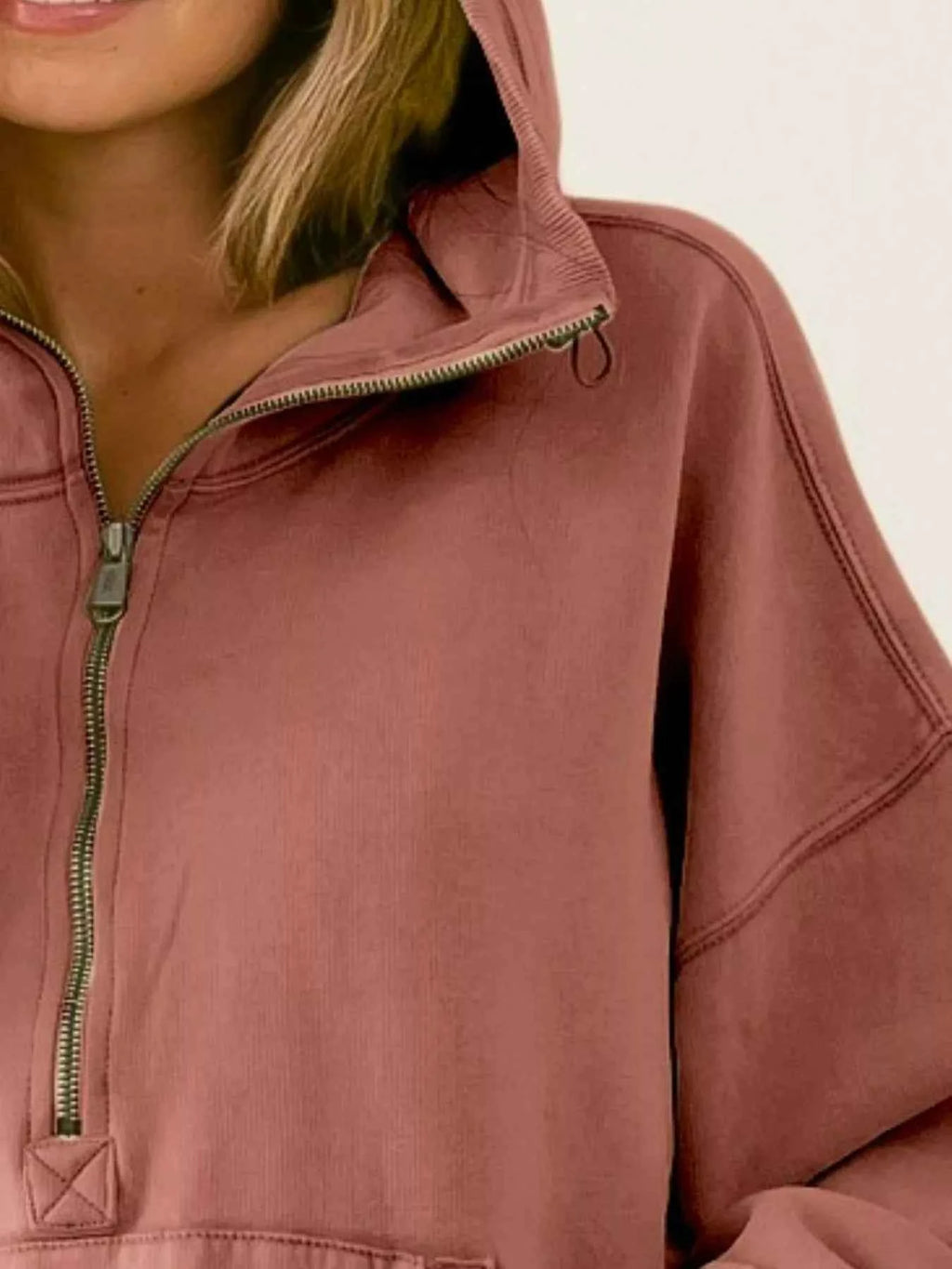 BiBi Stitch Detailed Elastic Hem Half Zip Fleece Hoodie - Velvet Stardust Co. - Velvet Stardust Co.