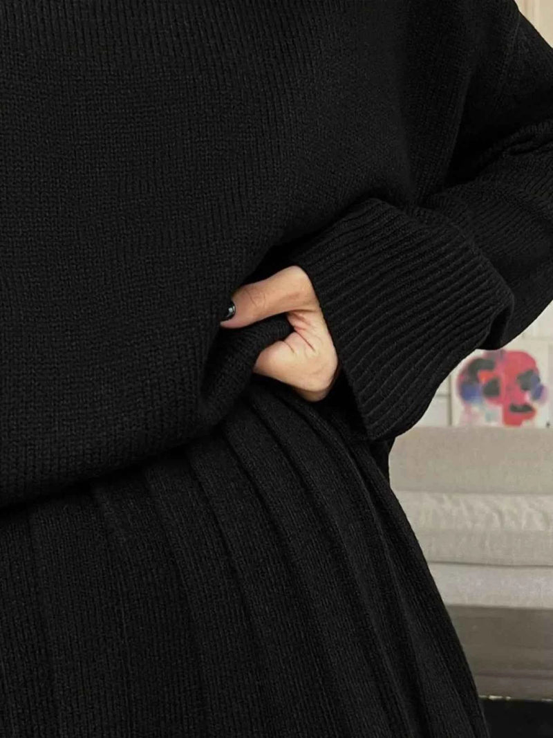 Round Neck Top and Pleated Skirt Sweater Set