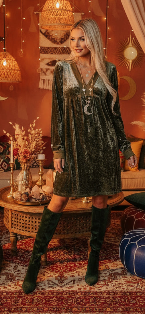 Jungle Green Velvet Long Sleeve V Neck Loose Dress with Pockets