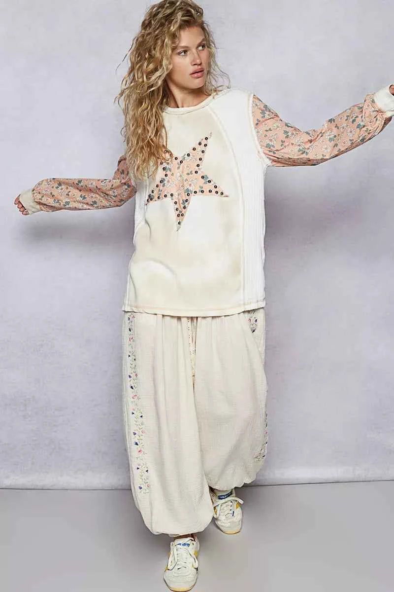 POL Exposed Seam Star Patch Thermal Top with Floral Sleeves