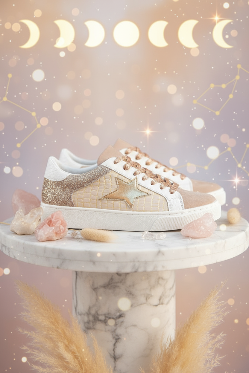 Gold Glitter Star Patchwork PU Leather Lace-up Sneakers