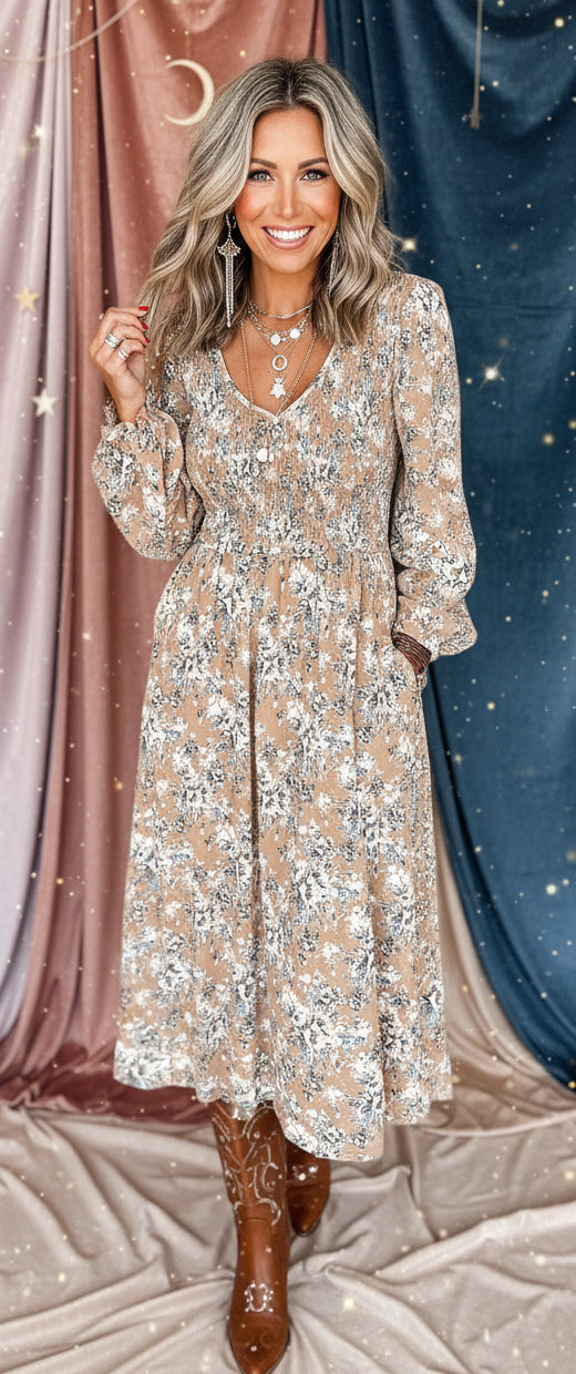 Khaki Maple Grove Floral Smocked Puff Sleeve Long Dress