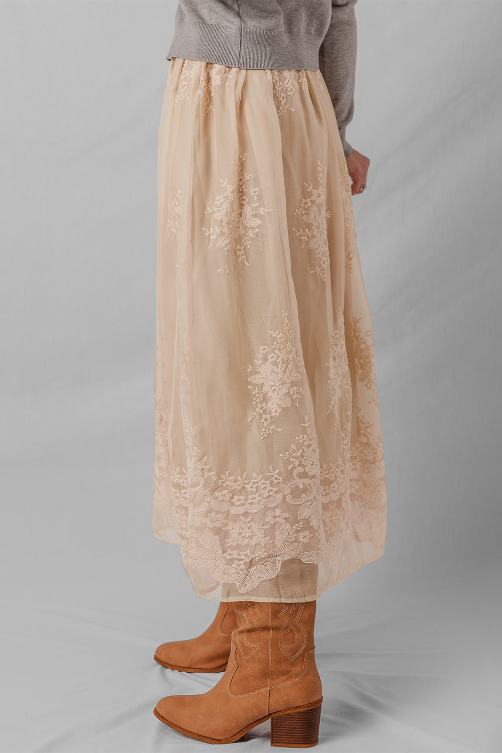 Oatmeal Embroidered Mesh Overlay Flowy Long Skirt - Velvet Stardust Co.
