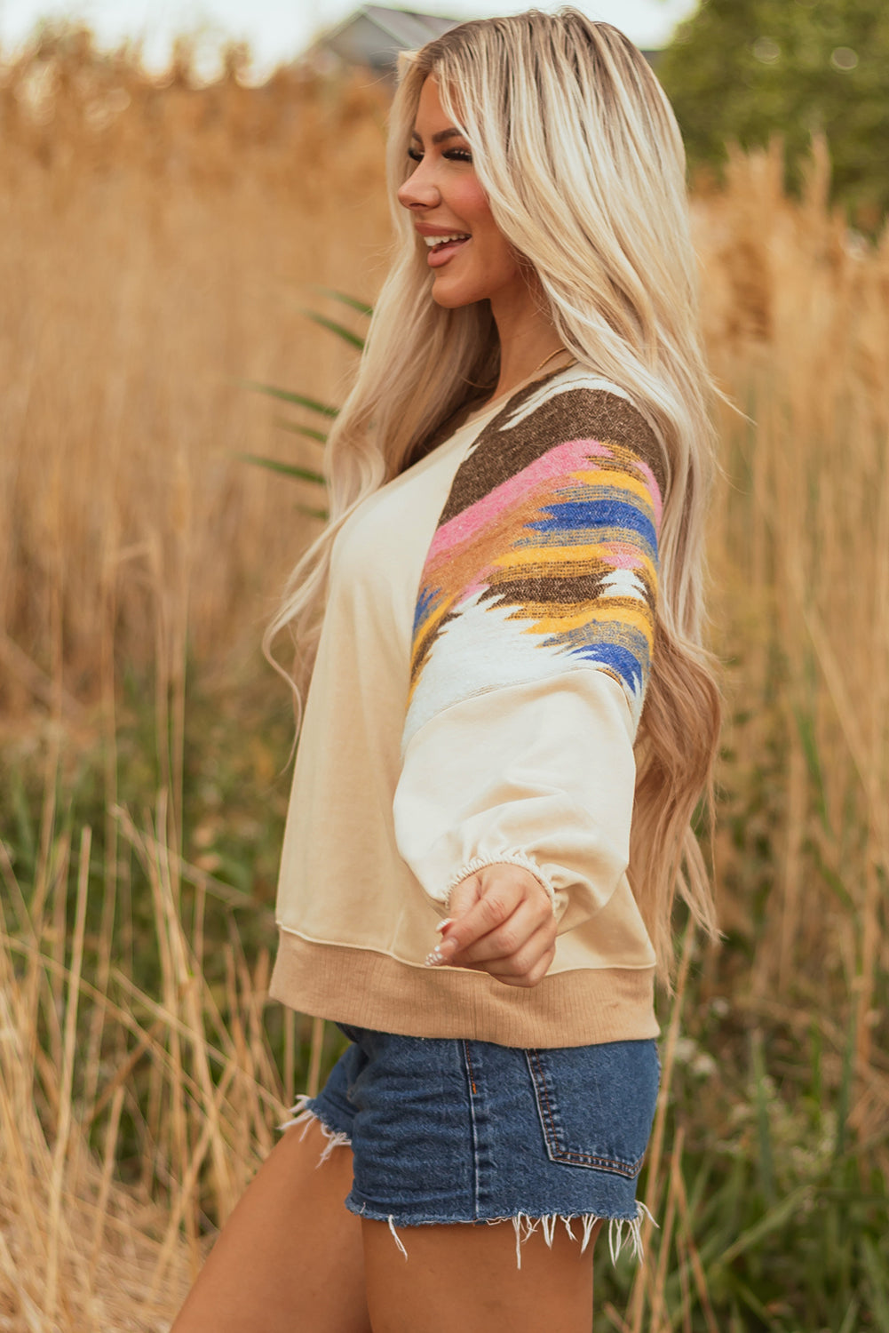 Light French Beige Aztec Patchwork Raglan Pullover Sweatshirt - Velvet Stardust Co.