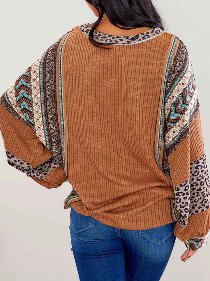 Velvet Stardust Co. Leopard Colorblock Ribbed Top – Boho Long Sleeve Knit Pullover