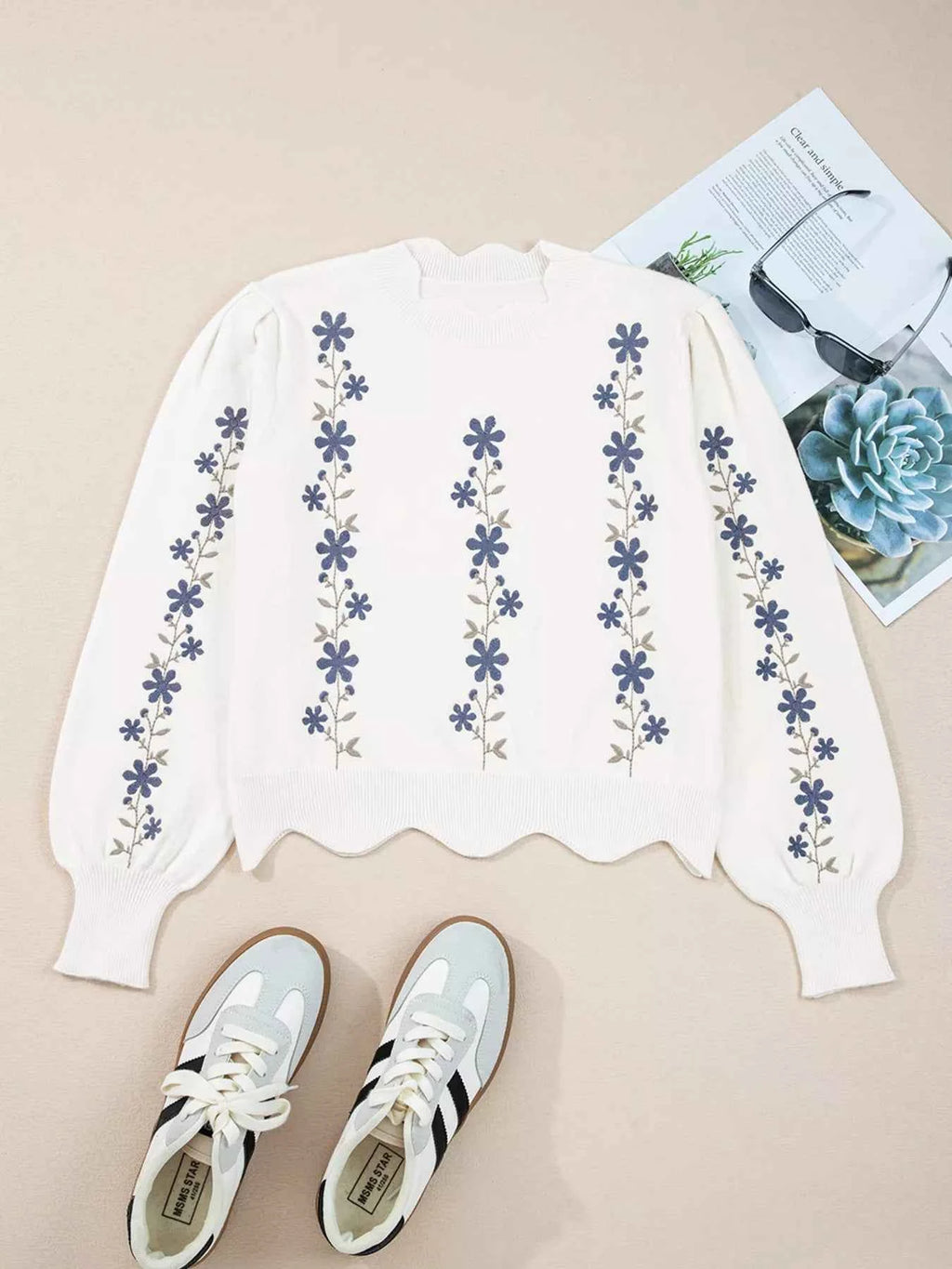 Floral Embroidered Scallop Hem Cropped Sweater - Velvet Stardust Co.