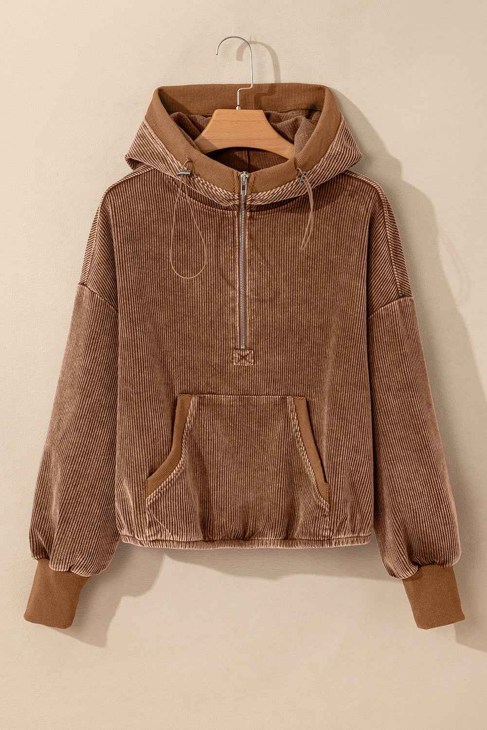 Chestnut Half Zipper Kangaroo Pocket Drawstring Corduroy Hoodie - Velvet Stardust Co.