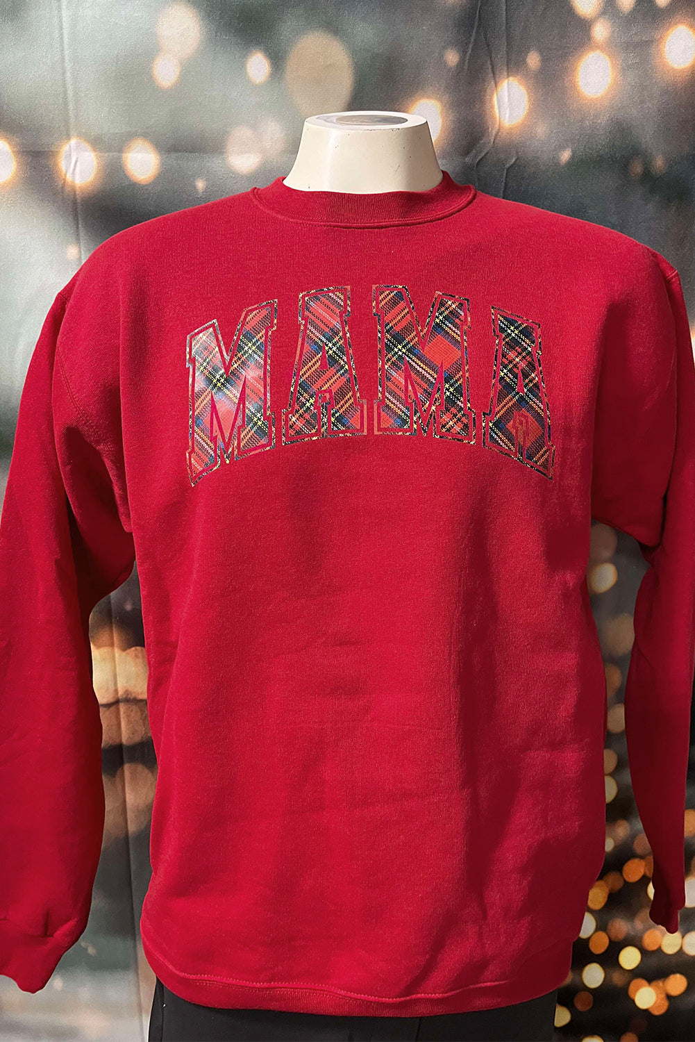 Red Plaid MAMA Graphic Christmas Holiday Crewneck Pullover and Pants Lounge Set - Velvet Stardust Co.