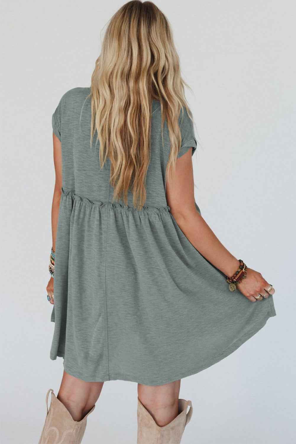 Mist Green Frilled Seam Round Neck T Shirt Dress - Velvet Stardust Co.