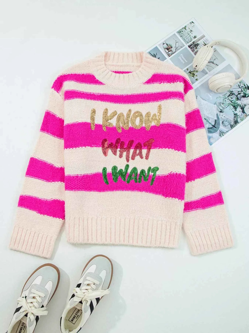 Sequin Pink Striped Letter Graphic Loose Sweater – Velvet Stardust Co. - Velvet Stardust Co.