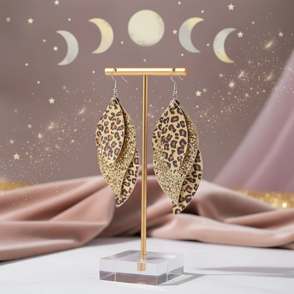 Leopard Print Leather Leaf Drop Earrings