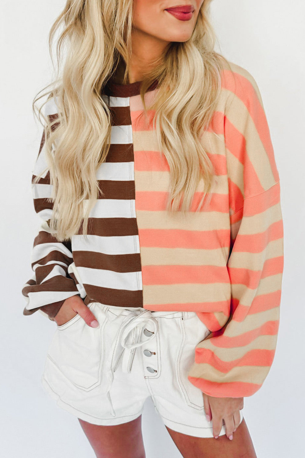 Brown Stripe Color Block Drop Shoulder Pullover Sweatshirt - Velvet Stardust Co.