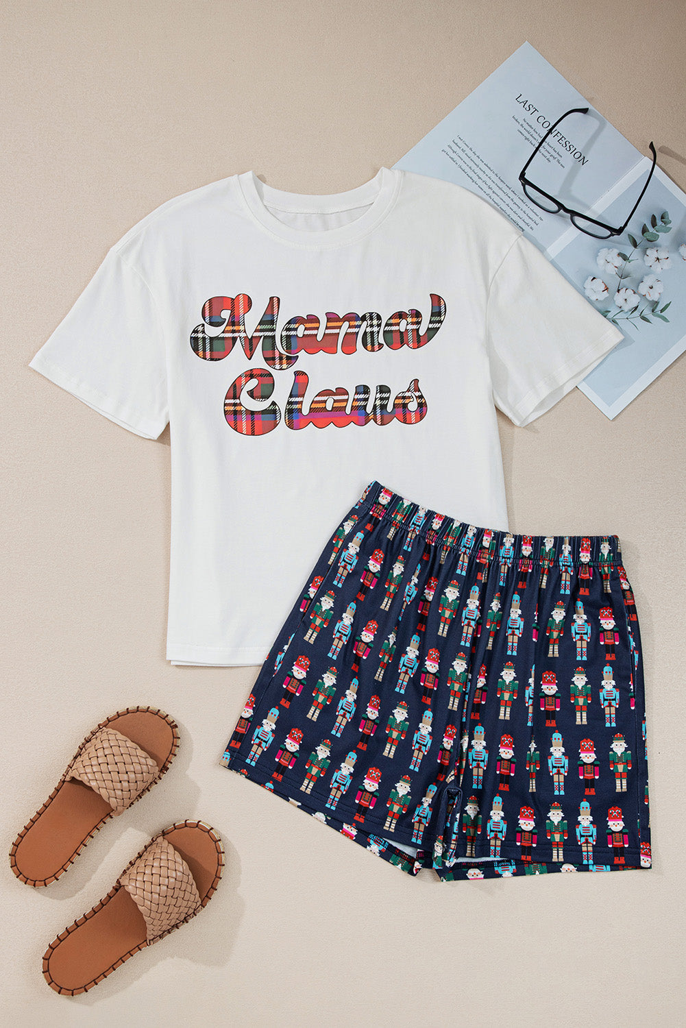Pink Mama Claus Plaid Letter Tee Nutcracker Shorts 2pcs Lounge Set - Velvet Stardust Co.