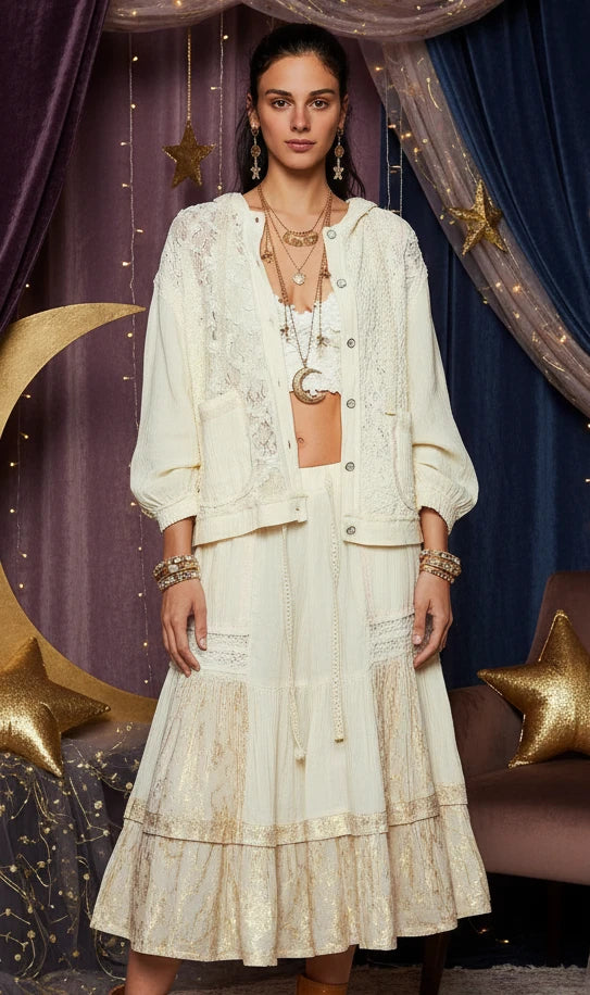 POL Exposed Seam Button Down Hooded Jacket with Lace Detail