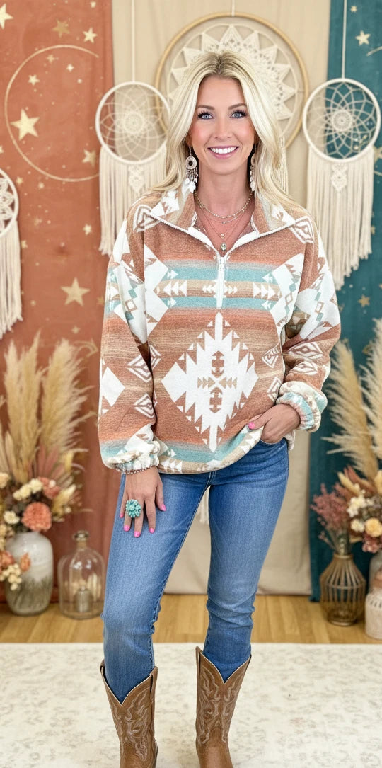 Quarter Zip Elastic Cuffs Aztec Sweatshirt - Velvet Stardust Co.