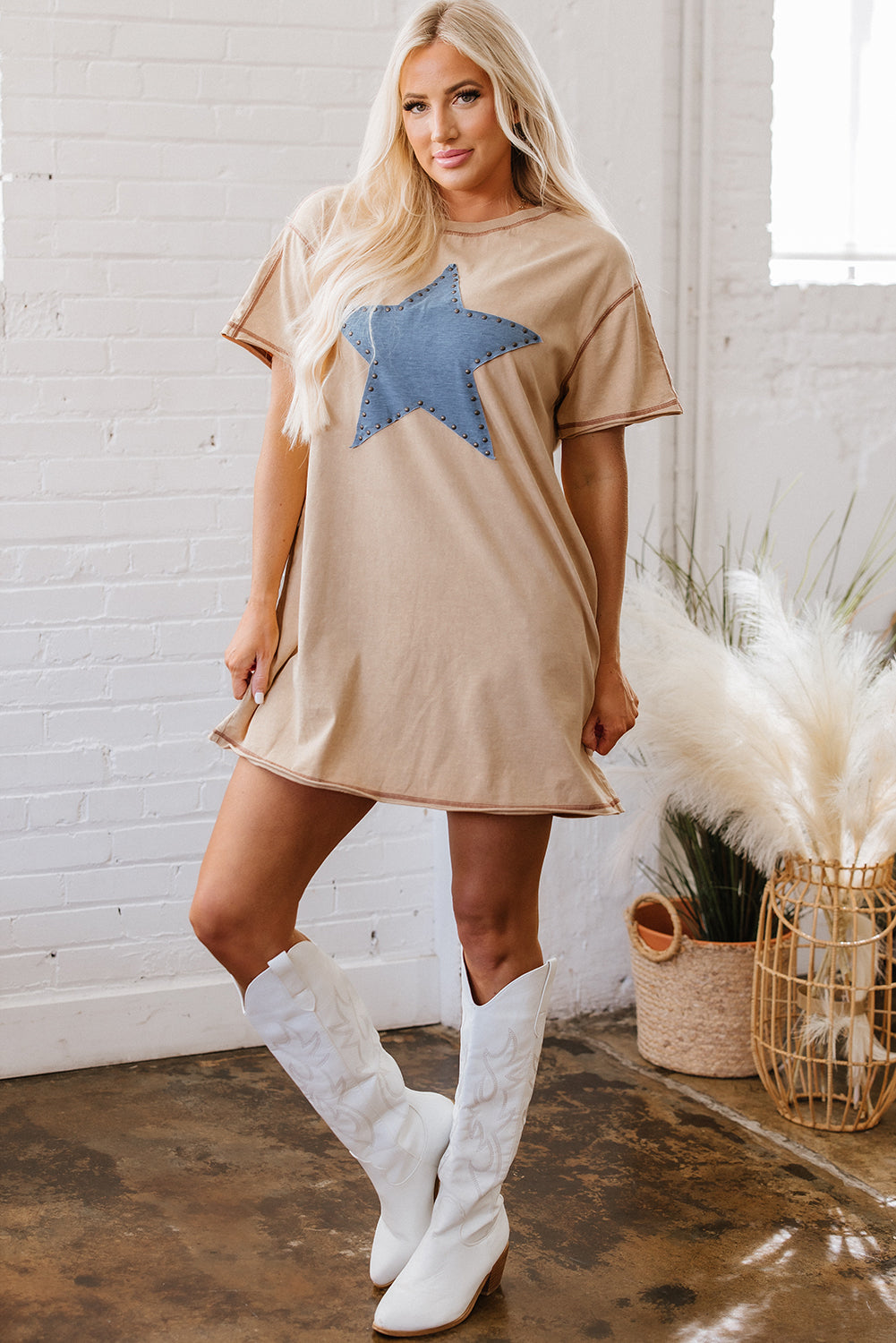 Pale Khaki Mineral Wash Stud Beaded Star Graphic Pocketed T Shirt Dress - Velvet Stardust Co.